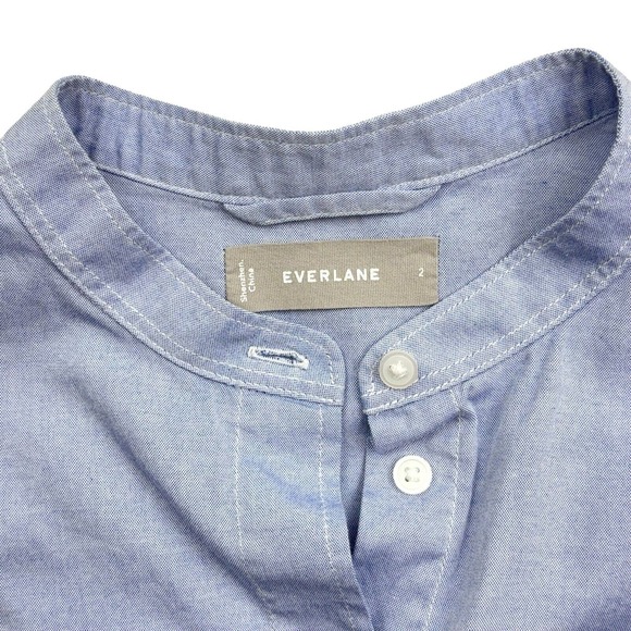 EUC Everlane Sz 2 Collarless Belted Shirt Dress. Shift Pockets. Cotton Blue - Picture 11 of 12